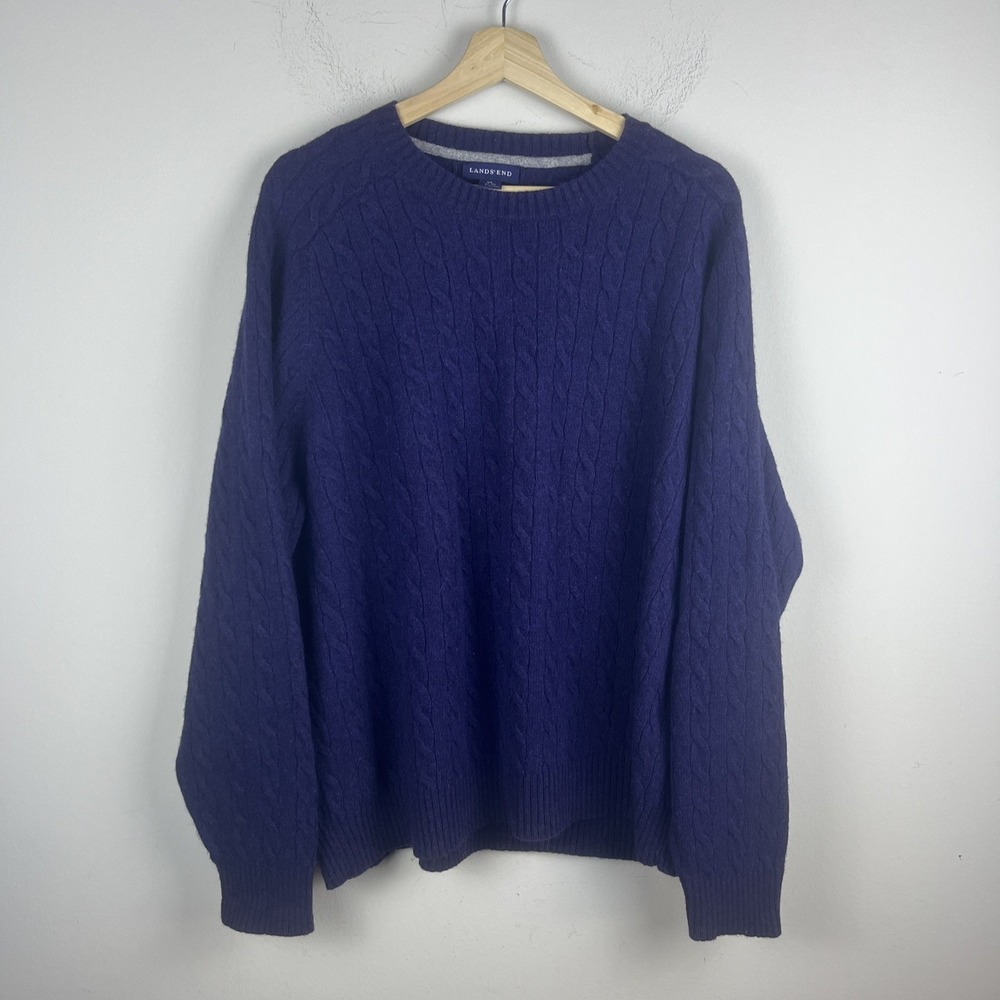 Lands End Merino Wool Sweater‎ Mens XL Blue Cable Knit Pullover